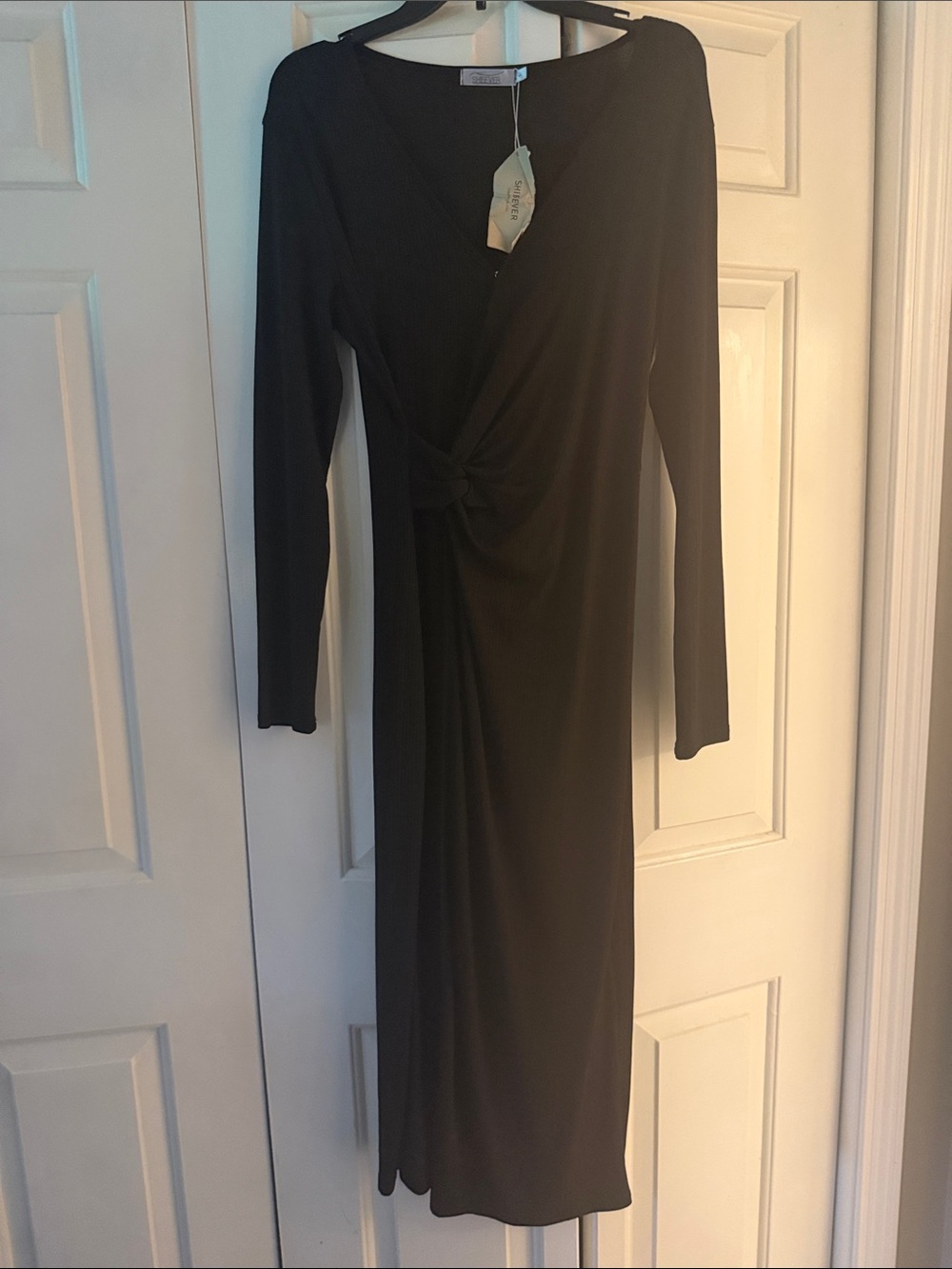 Long Sleeve Black Twist-Front Midi Dress